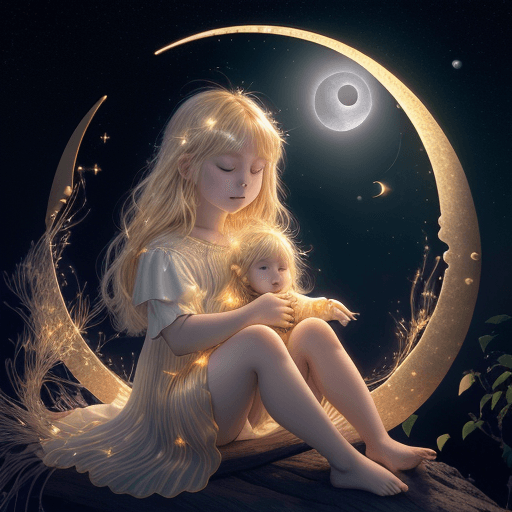 AI generated:  A stunning golden-haired child sitting on top of a crescent moon, at night, moonlight, the sky is f...