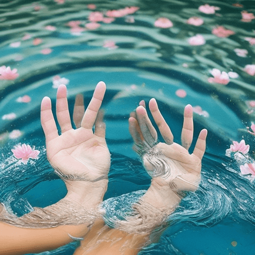 AI generated: Disembodied hands reaching up through a pool of clear, still water, their fingers gradually transfor...