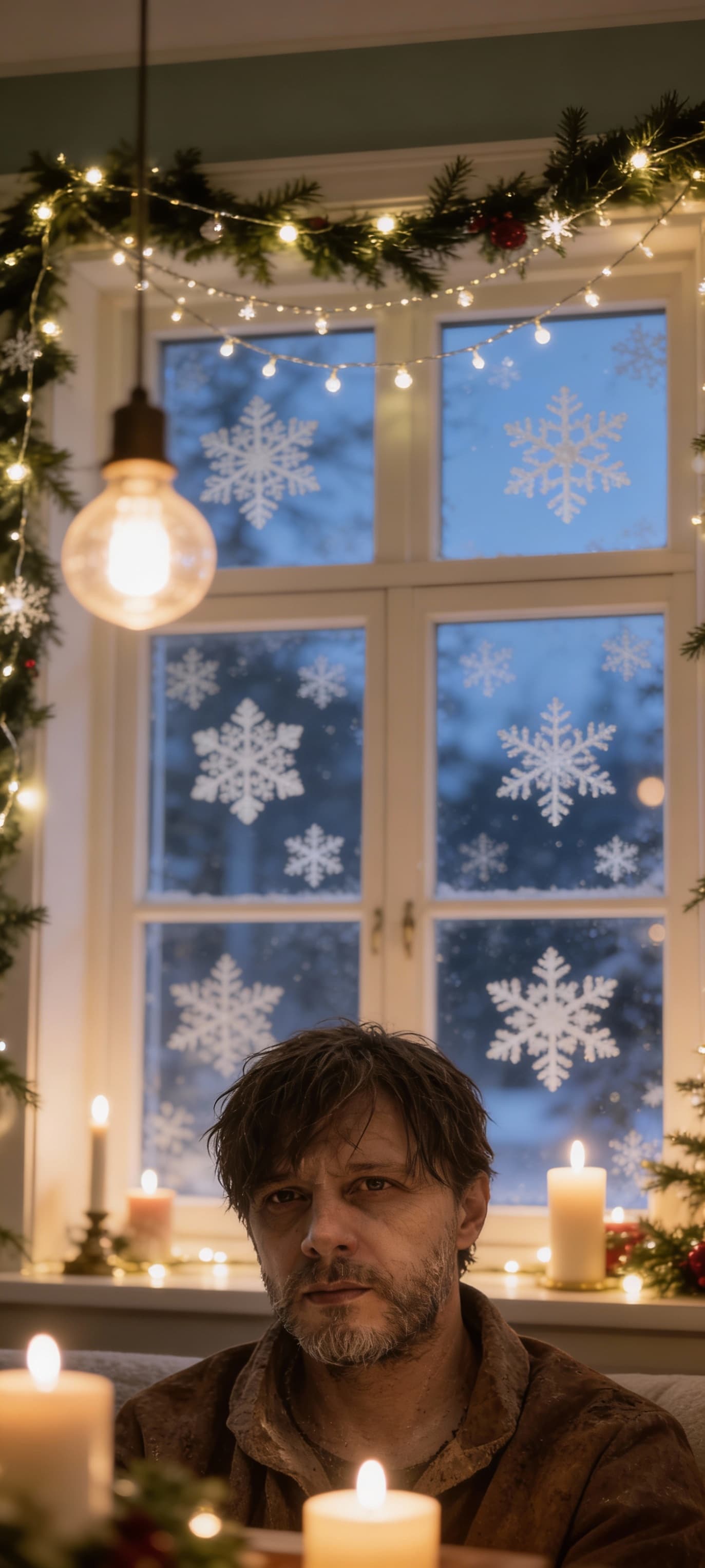 AI generated: home, cozy year-end decor scene, window decals snowflakes, styled with sage and off white, twilight ...