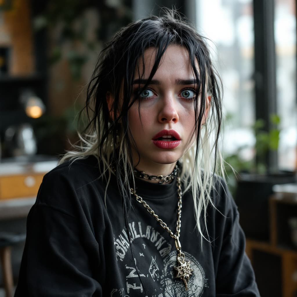 AI generated: leggings, similar to billie eilish,
looking scared 
