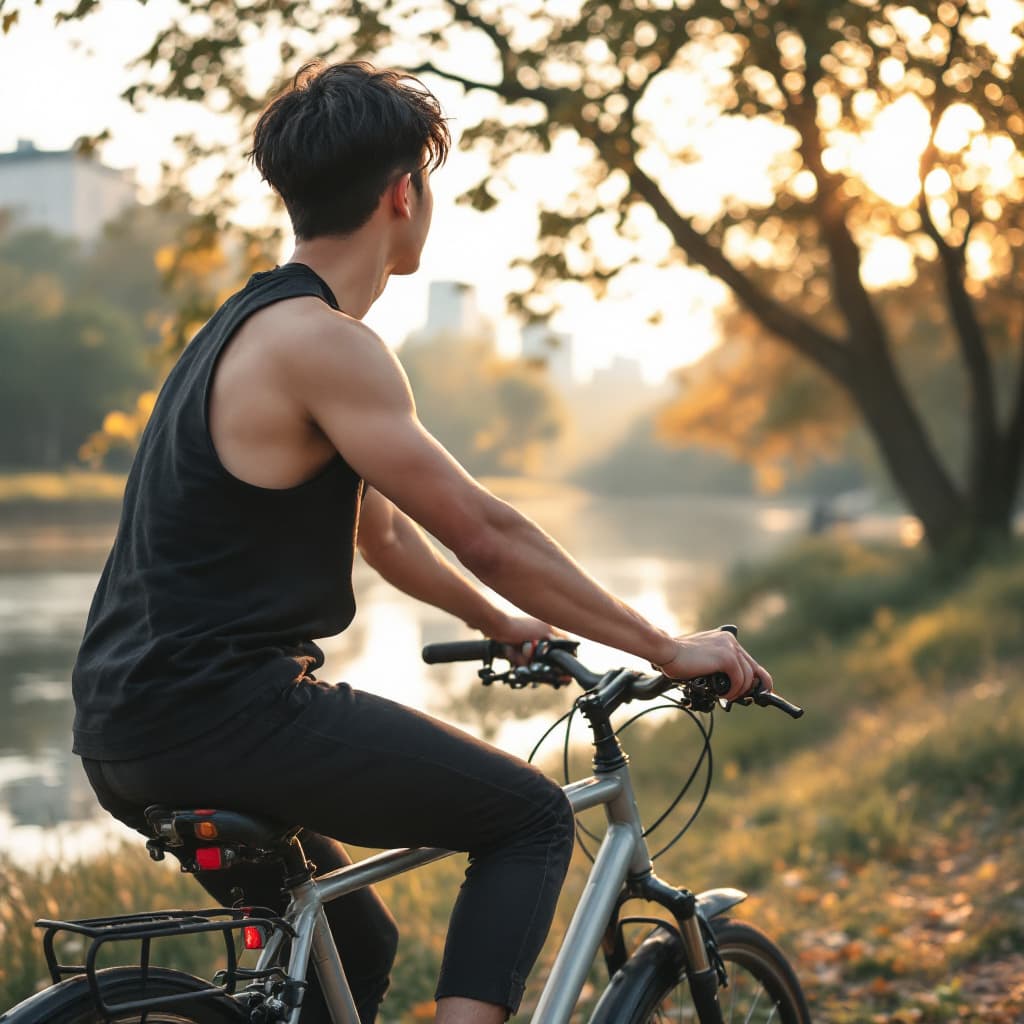 AI generated: a gentle man handsome with asian skin, drive bycicle beside river in the morning, with black singlet...