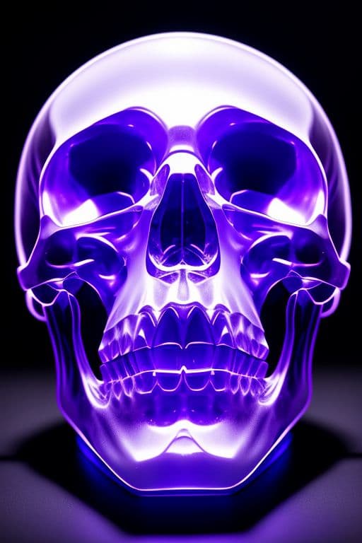 AI generated: Human skull carved from clear amethyst crystal, vantablack background, single white spotlight, ray t...