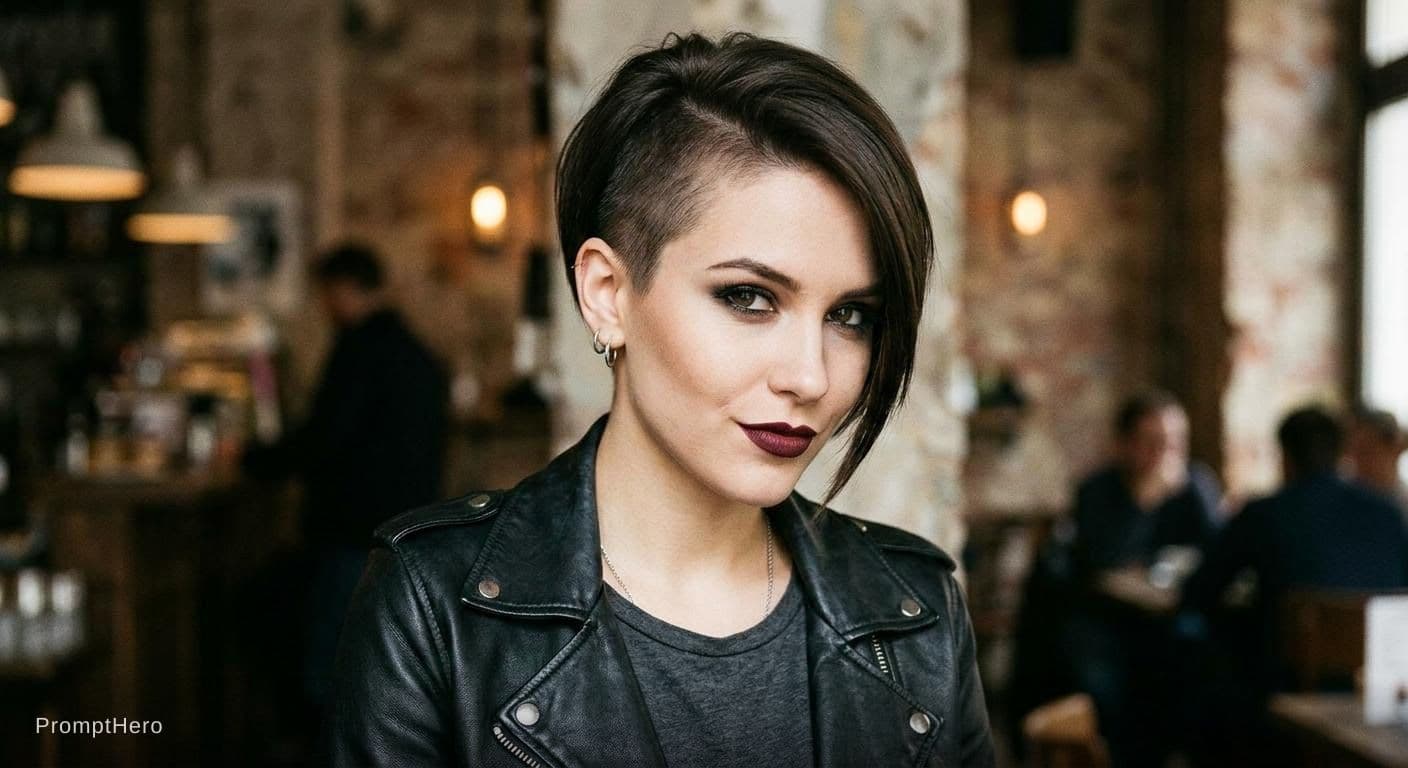 AI generated: young woman with a short asymmetric pixie bob left side clippered to a short soft pelt, right side s...