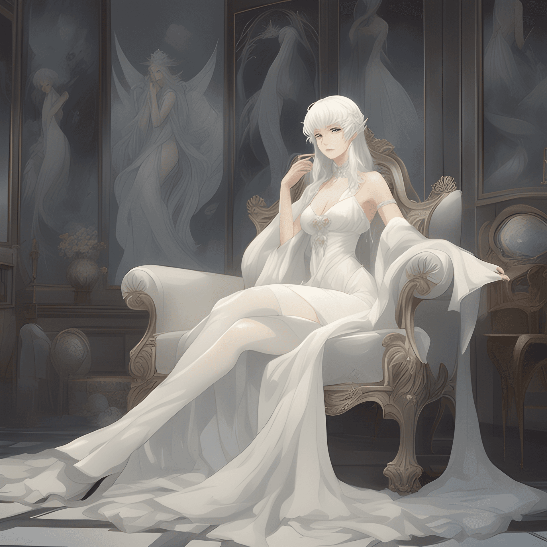 AI generated: anime - style woman in white dress sitting on a chair in a room with paintings, anime key visual of ...