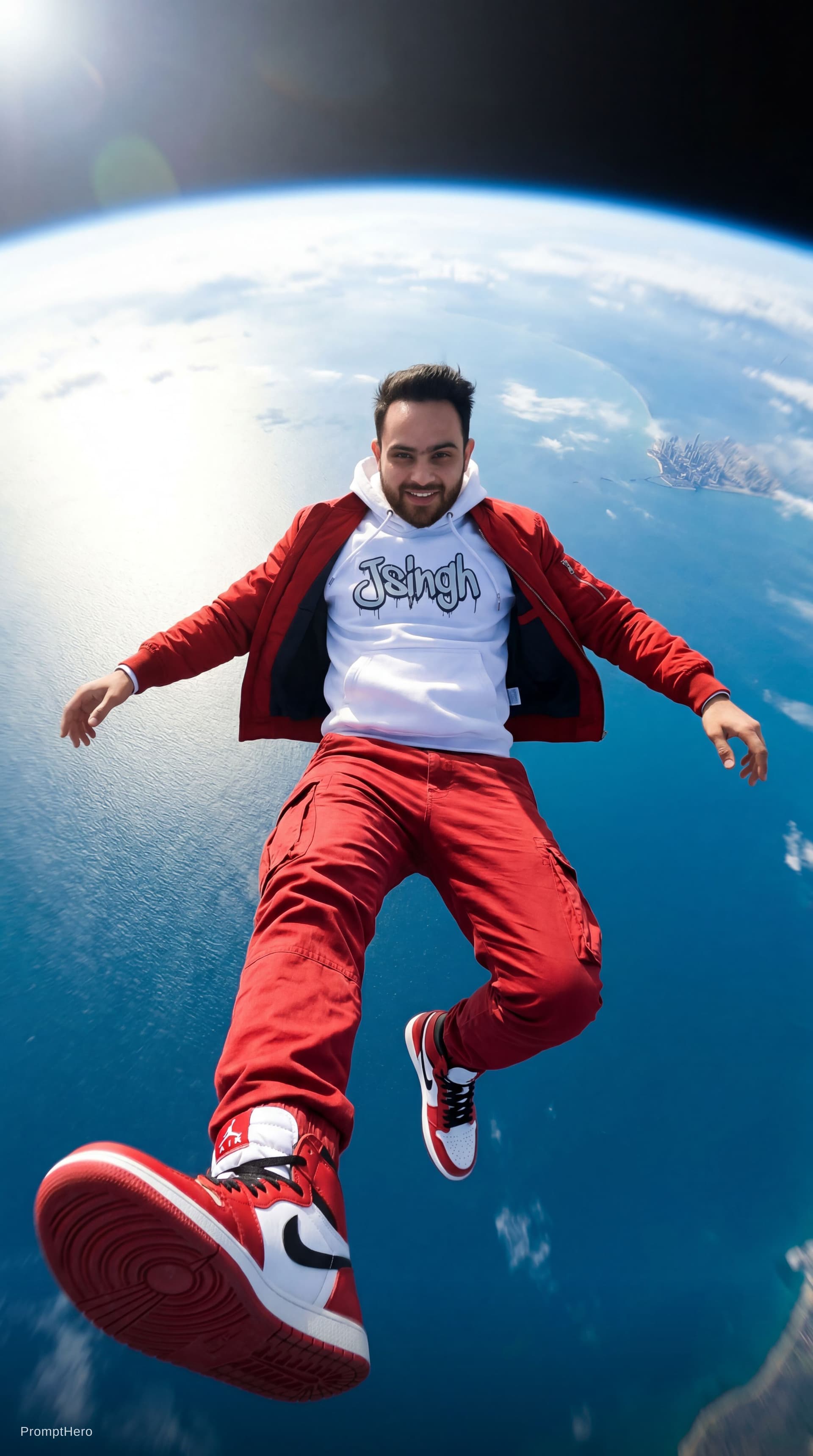 AI generated: 
Ultra-cinematic 360° action-cam view high above Earth, curved horizon and city far below. A person ...