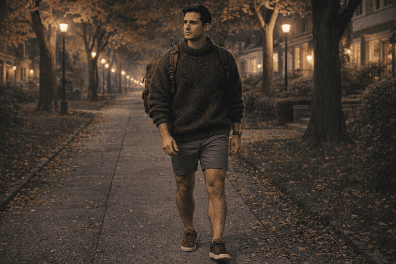AI generated: In a cold night in the beginning of Autumn. 
The model is walking on the sidewalk in a very nice nei...