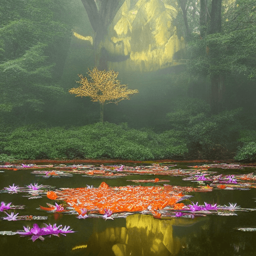 AI generated: A serene Asian woodland mud pond, surrounded by dense trees and enveloped in ethereal fog. In the mi...