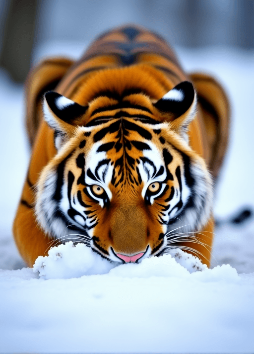 AI generated: high quality, exquisite detailed Photograph of a Bengal tiger with orange fur and black stripes crou...