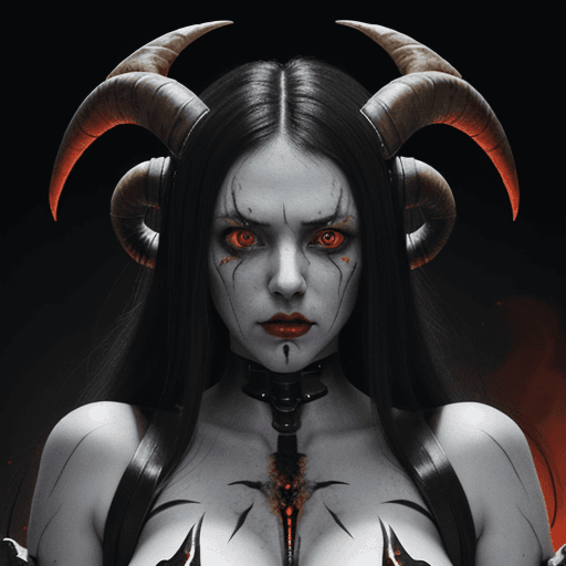 AI generated: Cybernetic demon woman with large ram horns on her head and bits of black metal poking through her r...