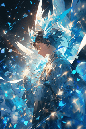 AI generated: Low Angle Shot, a shimmering anime protagonist dissolving into shimmering, crystalline shards, iride...
