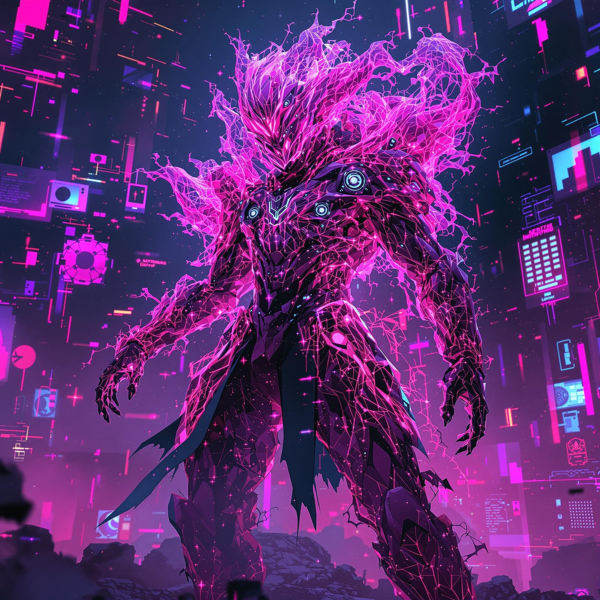 AI generated: A hyperon hologofractal glitch morph warrior, embodying a futuristic and fantastical theme. The warr...