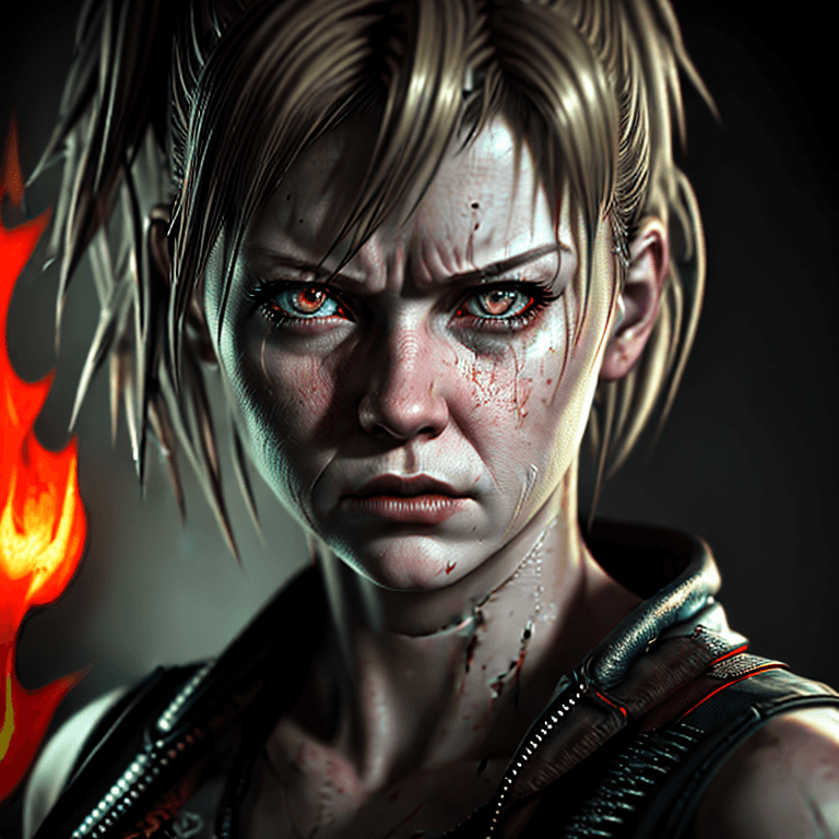 AI generated: Sharp focus portrait, Hyper realistic, portrait of grunge silent hill woman, sad expression,  flames...