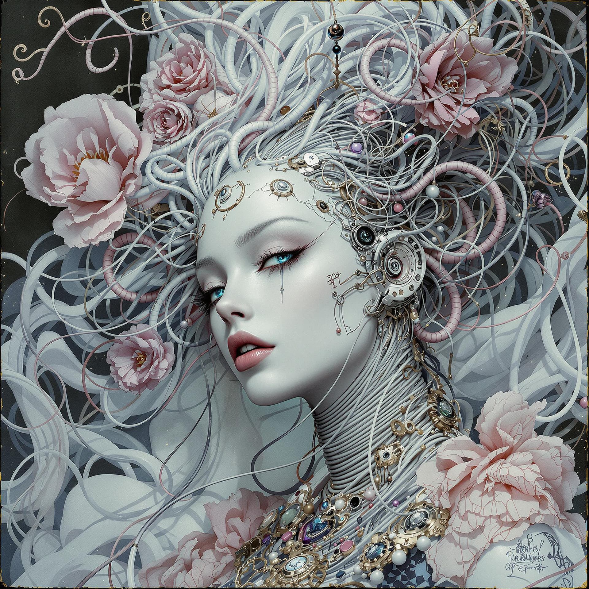 AI generated: Baroque Style, dreamlike Hyperdetailed grunge art fantasy illustration featuring an cyberpunk female...