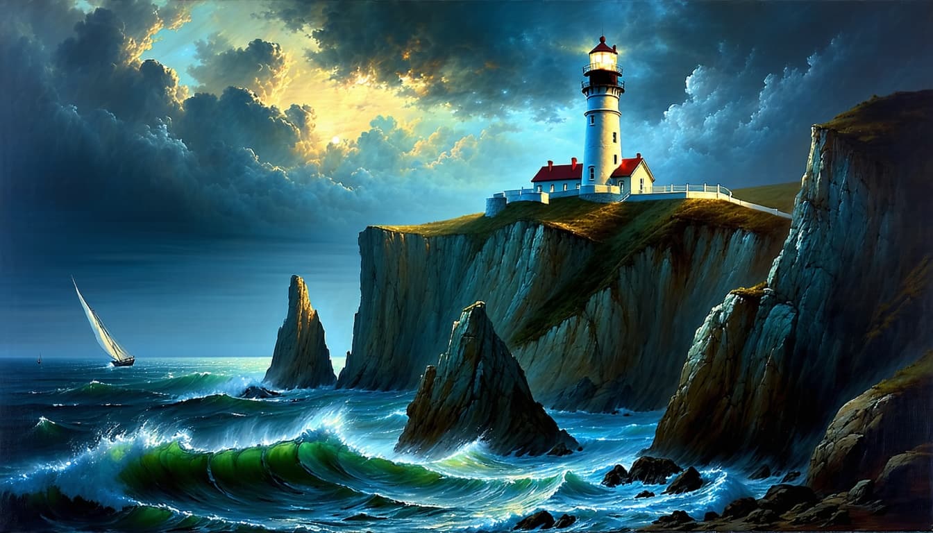 AI generated:  A majestic lighthouse standing at the very edge of a rugged cliff, lashed by stormy seas. Oil paint...