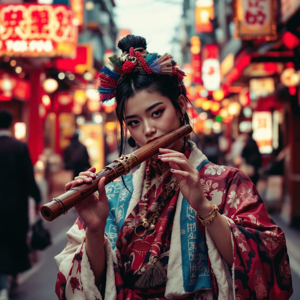AI generated: Hyperralistic poster of a single peruvian wooden flute, with no humans, in Tokyo. aesthetic merges c...