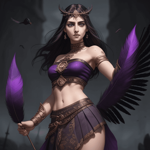 AI generated: 1woman with purple eyes glowing and dark hair, (godess:1.25) crop top, skirt with crow feathers , ex...