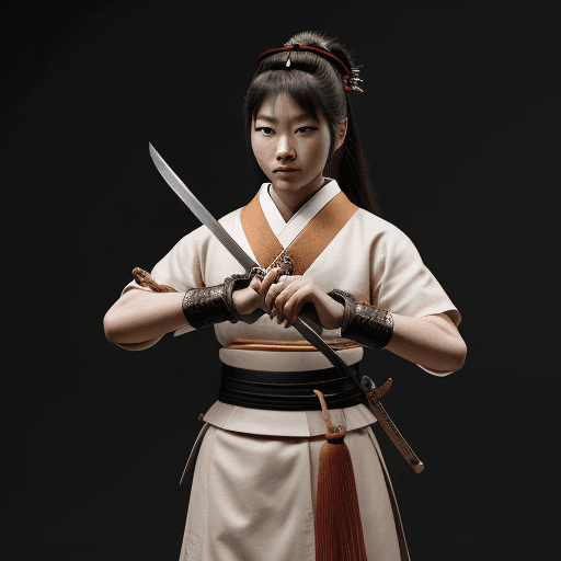 AI generated: japaness female samurai, with sword in her hand, complete acessories, detail 8k