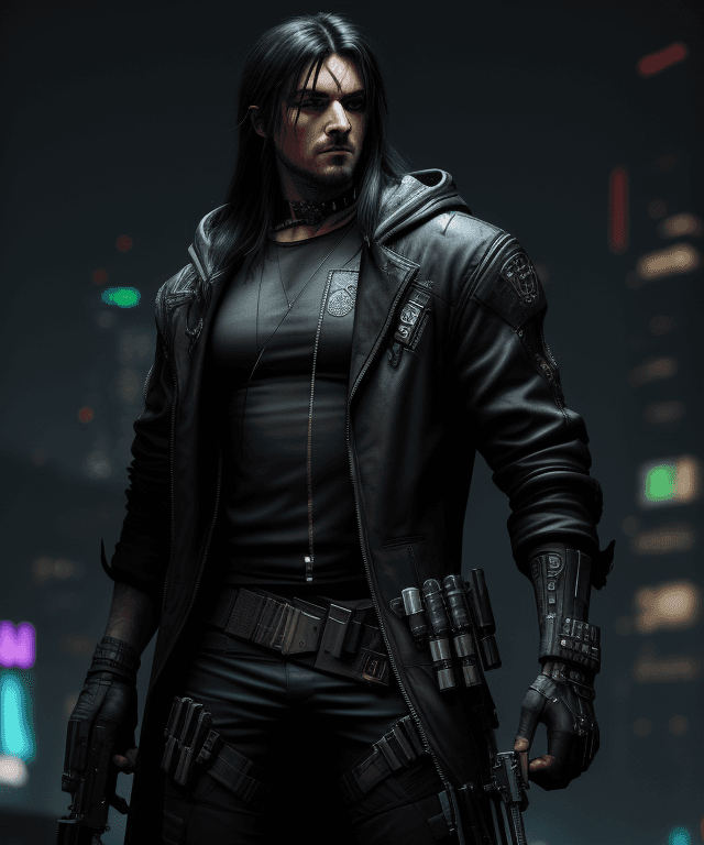 AI generated: Cyberpunk, robin hood, heavy pistol, stylish,  dark clothes, black long hair, male, kapiszon, high r...