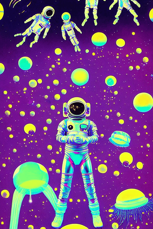 AI generated: crenelated chrome space - suits protect jovial jellyfish kawaii space - cadets from certain doom as ...