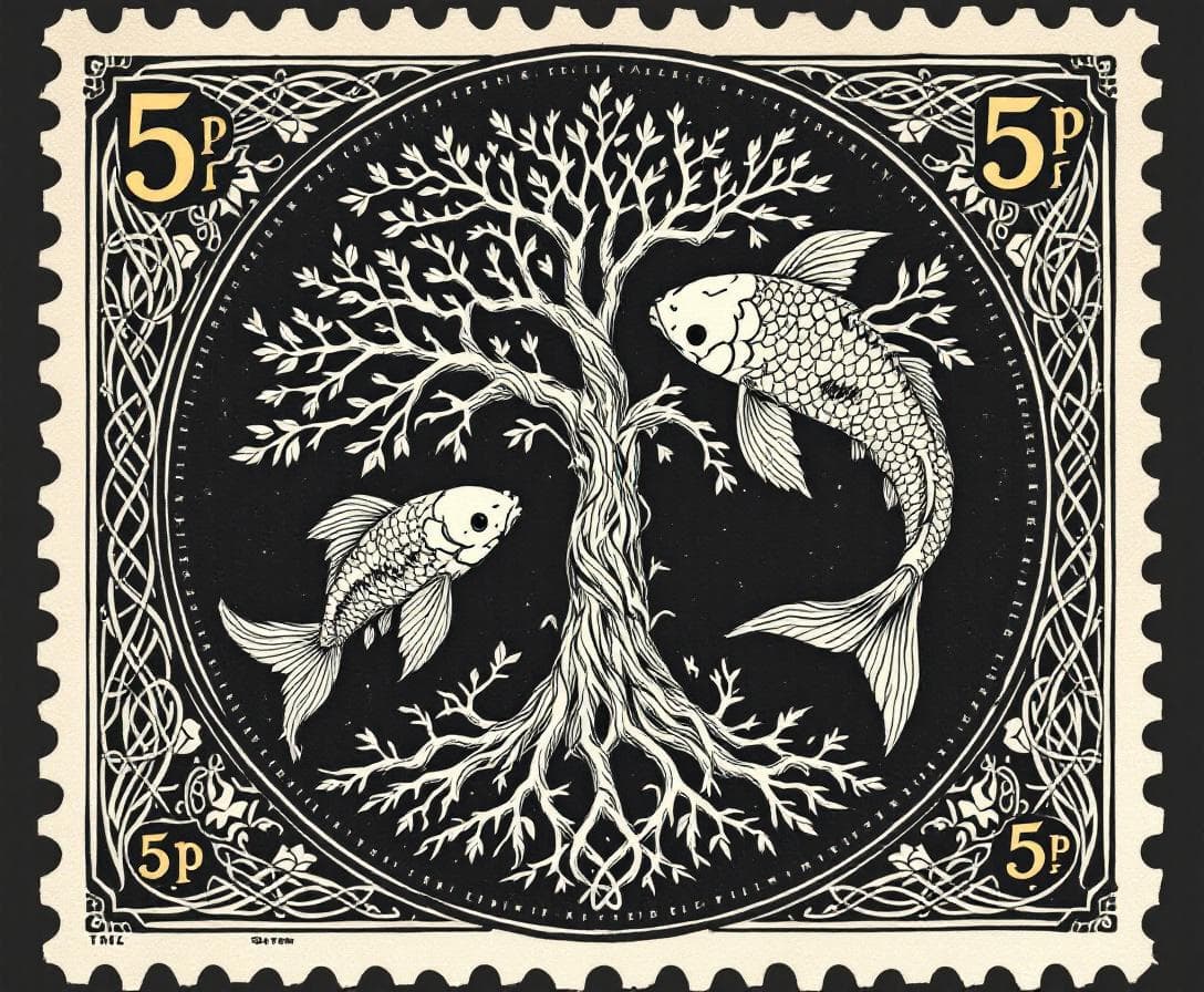 AI generated: retro vintage Postage Stamp design, pen and ink wash detailed illustration  featuring a Tree of Life...