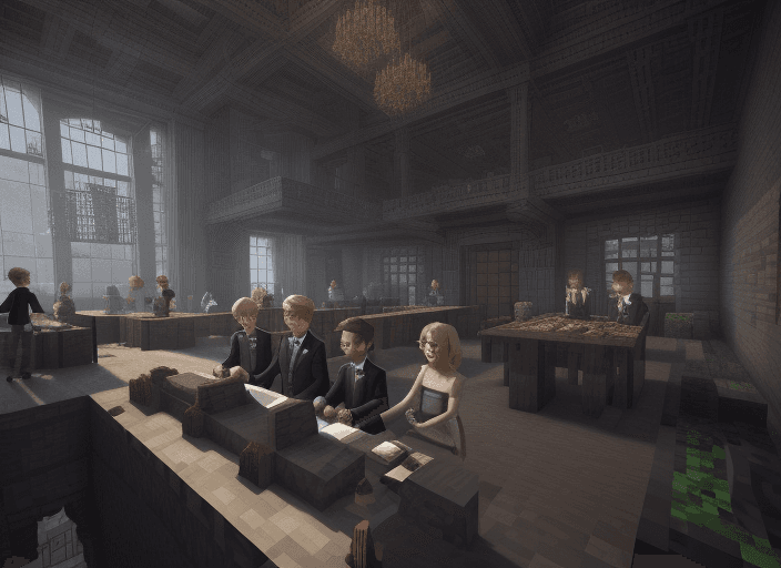 AI generated: minecraft style concept art of three architects, one girl with dark hair, a boy with blond hair and ...