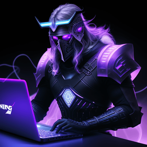 AI generated: Viking with work appearance, half body without face, using transparent laptop doing a speed test, sp...