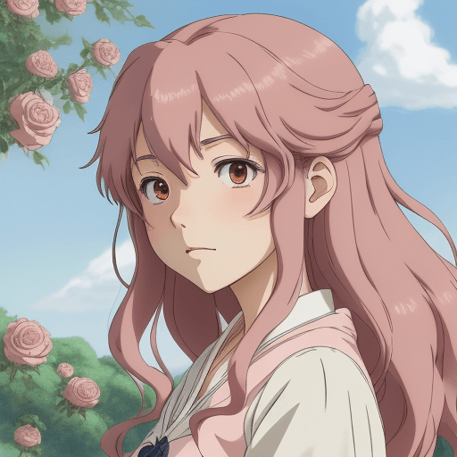 AI generated: studio ghibli anime, 真紅の天竺牡丹号／19歳娘,rose color heir,rose  color eye
