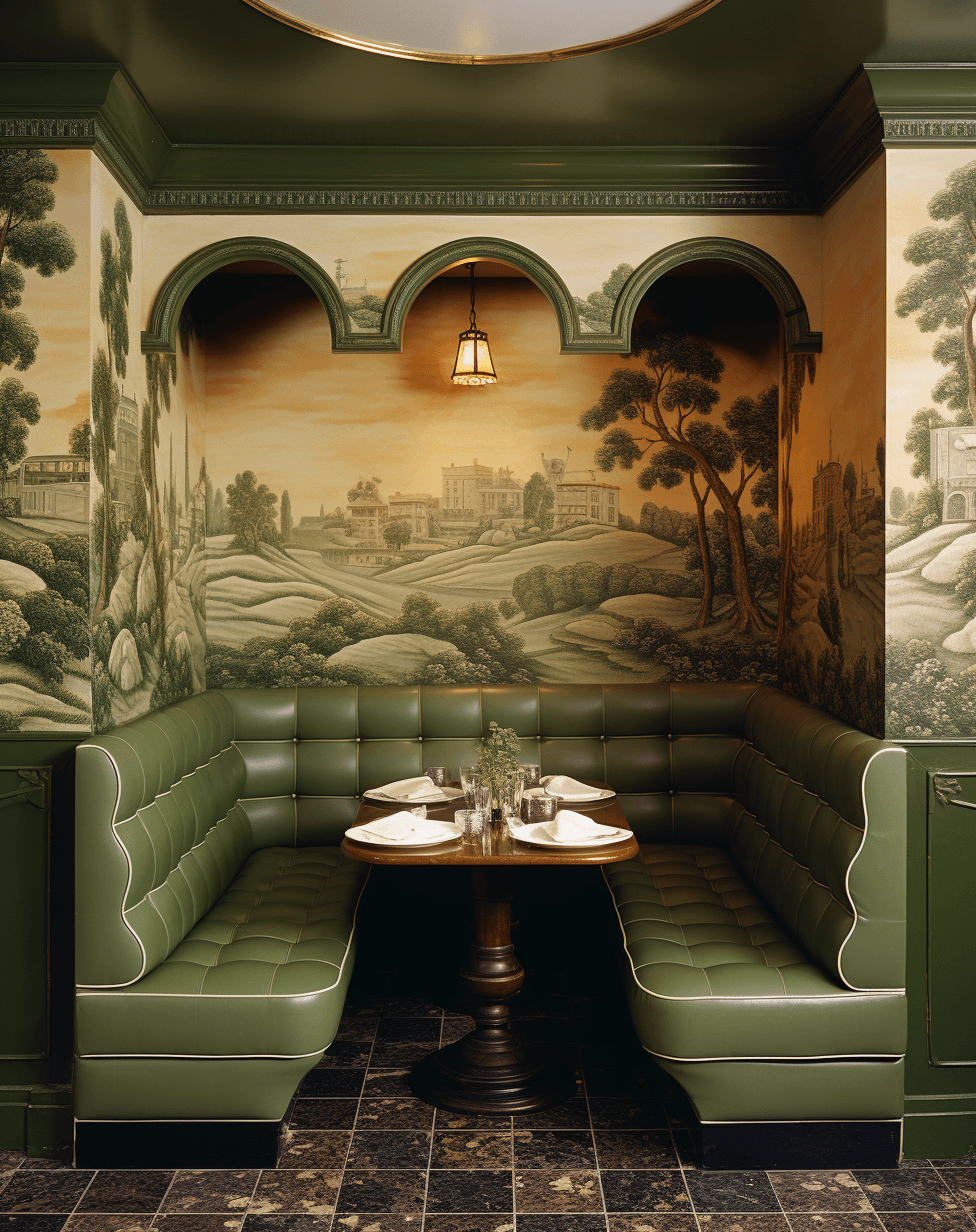 AI generated: green booths with a wall behind them, in the style of 1970s, italianate flair, scottish landscapes, ...