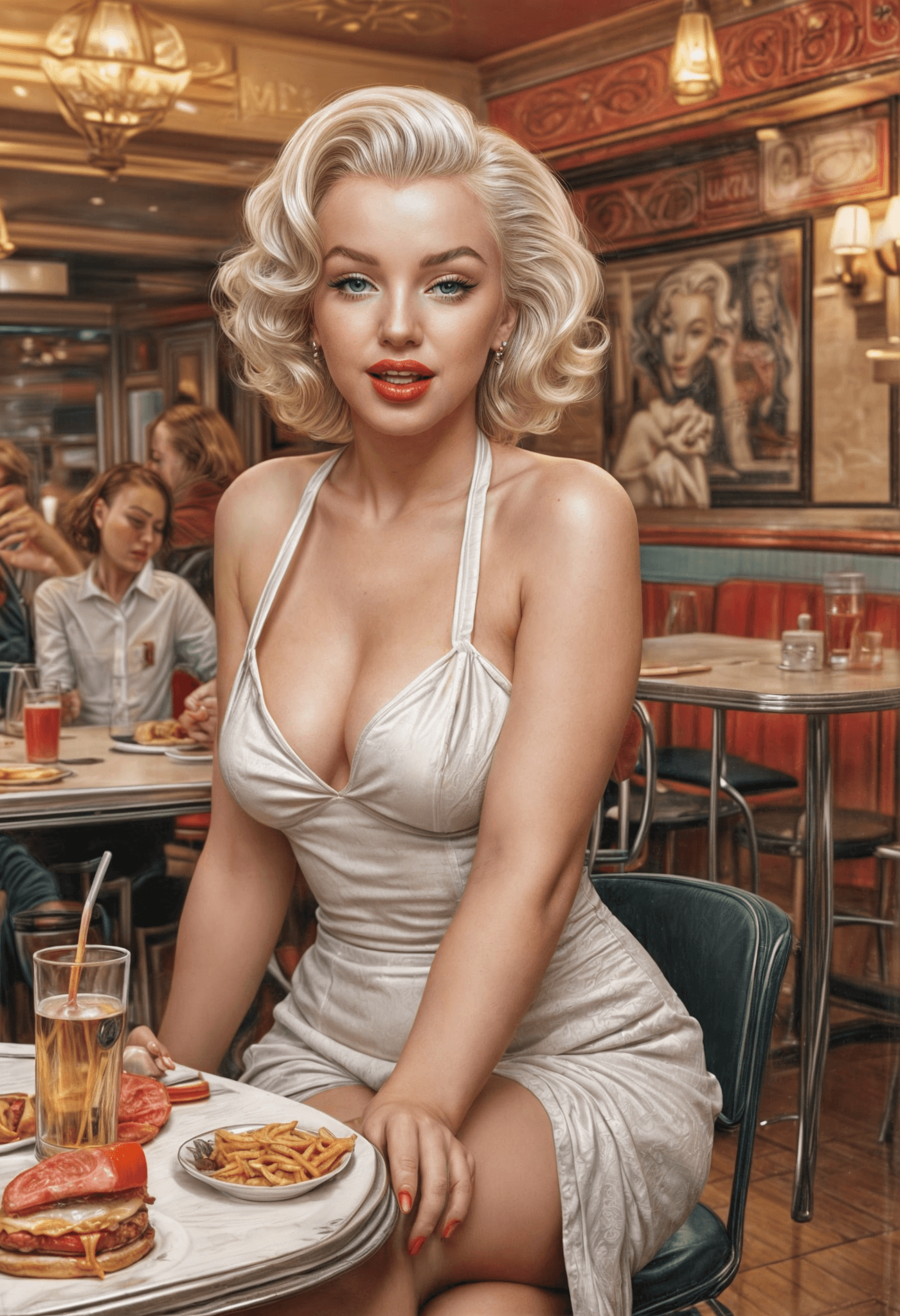 AI generated: Cartoon caricature  of  Marylin monroe full-body shot detailed background in a 50th ambiente, colour...