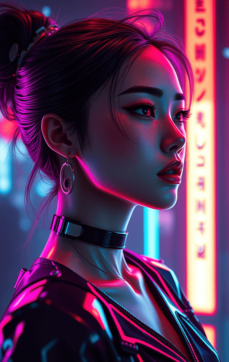 AI generated: photorealistic an oriental female humanoid with freckle cheeks, cyber neon lightings, futurism, cybe...