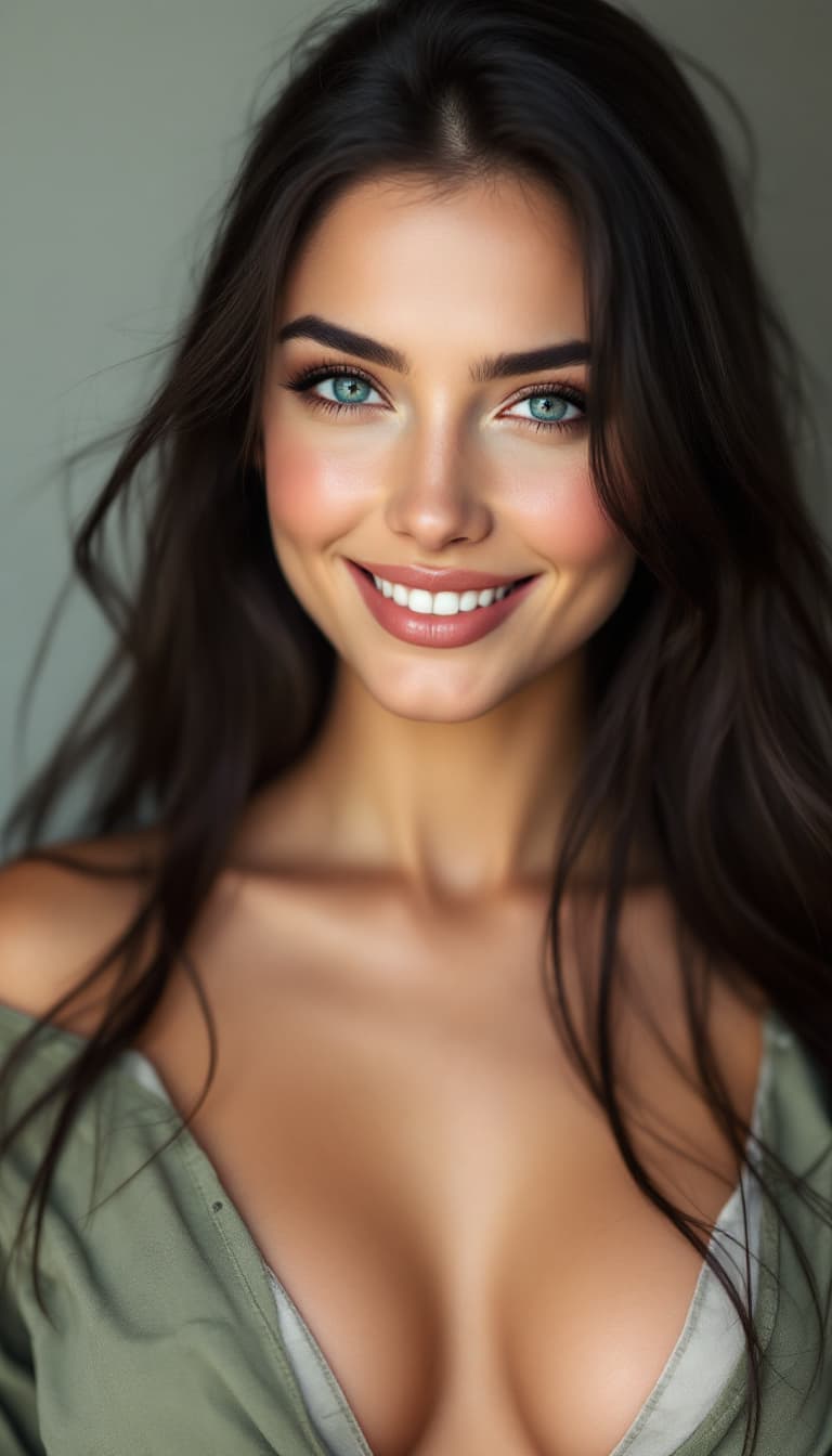 AI generated: a woman with a beautiful and authentic smile, harmonious shapes, long straight dark hair, large blue...