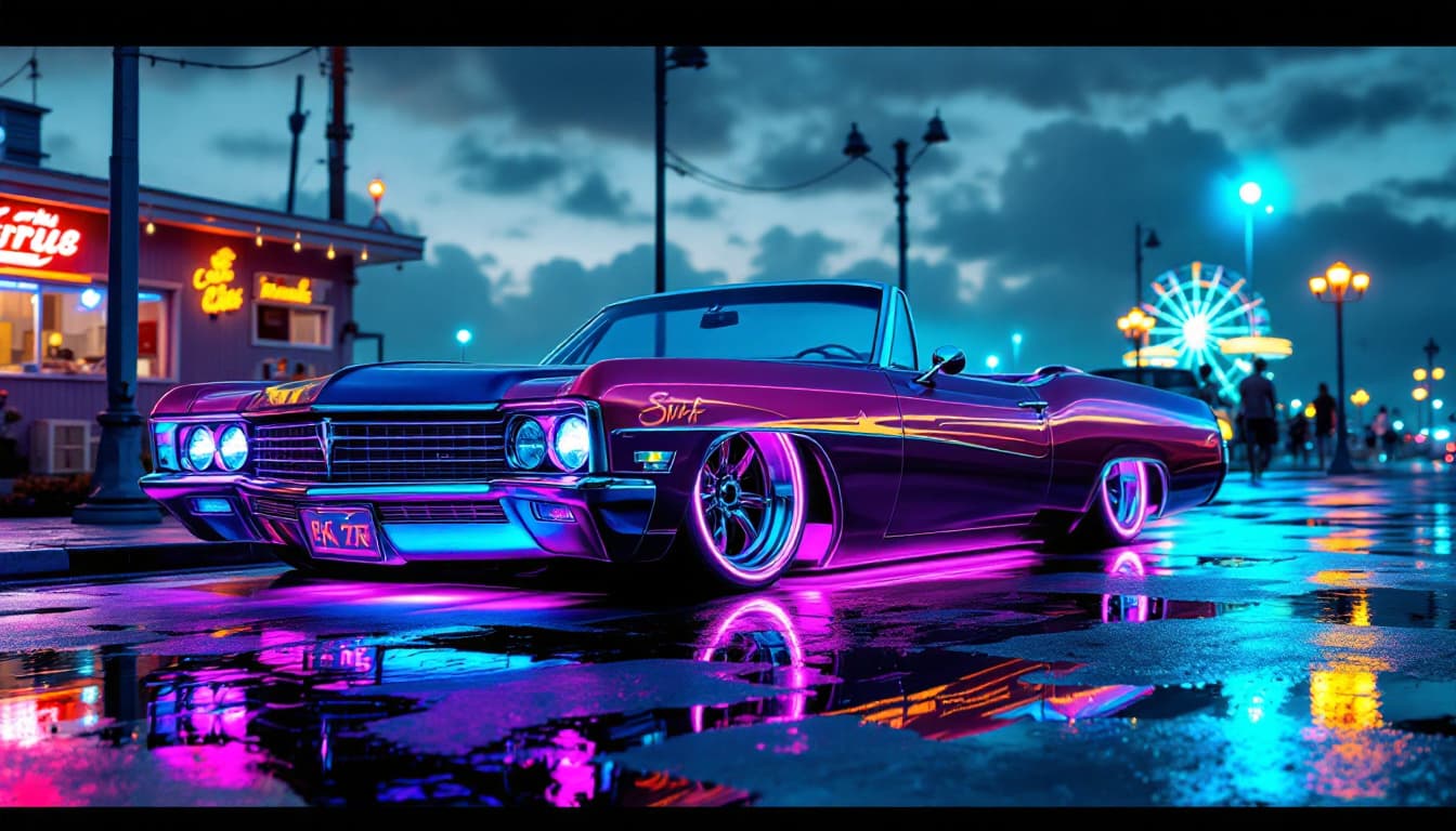 AI generated: A realistic 1968 Buick LeSabre car from a front side view. The car is lowered to the ground with vib...