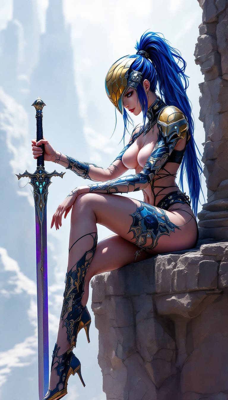 AI generated: futuristic woman sitting on a ledge, holding a sword, wearing a helmet, intricate details in her out...