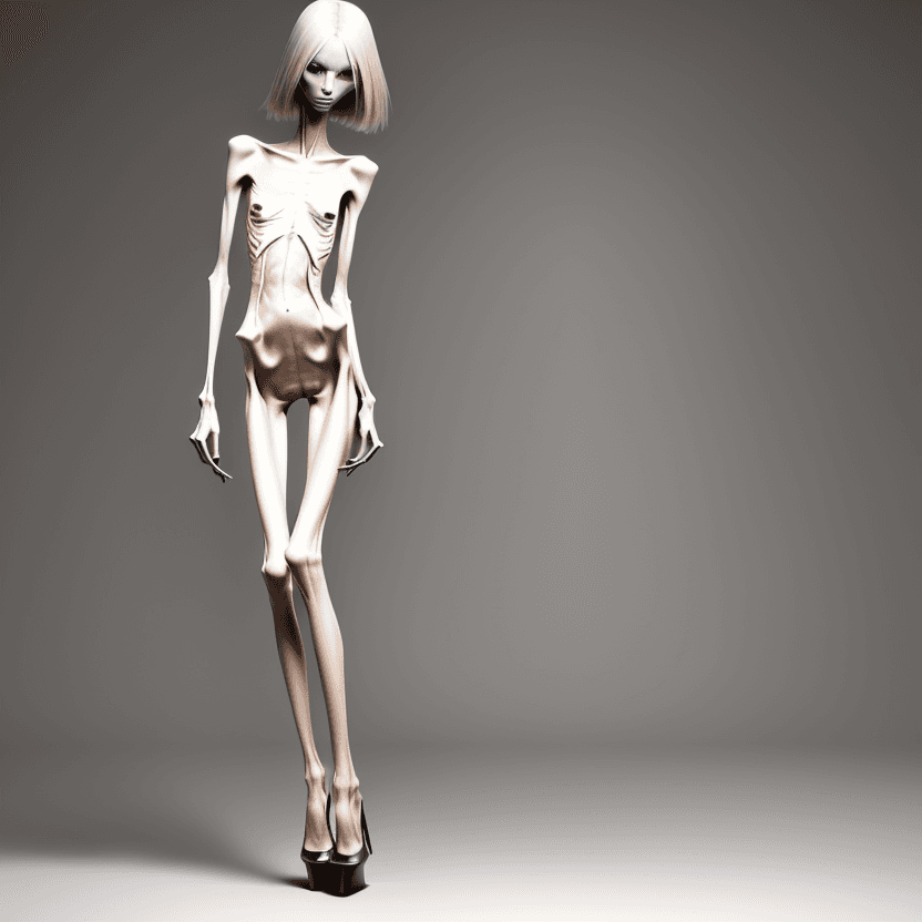 AI generated: naked very skinny anorexic legs in high heels, high heels, the tips of the shoes are very long towar...