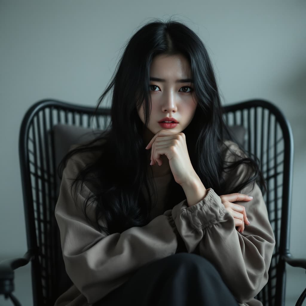 AI generated: image of a young Japanese woman ,  with long black hair, striking and contemporary photo-shoot withi...