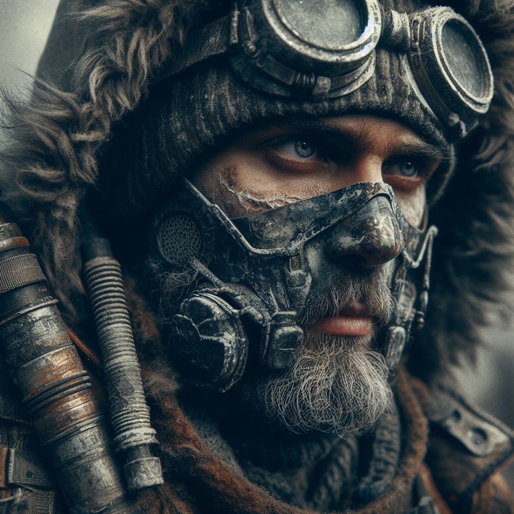 AI generated: Design a photograph of a post-apocalyptic survivor, with weathered clothing and gear that reflects t...
