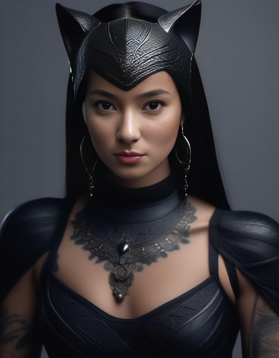 AI generated: female dressed as BLACK PANTHER, tattoos, (full body visible), looking at viewer, portrait, photogra...