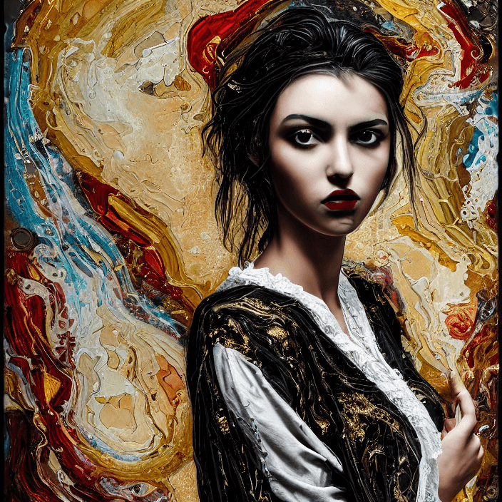 AI generated: Oil painting, high resolution 8k, Pollock master painter, Byzantine artwork, 
young lady close up bl...