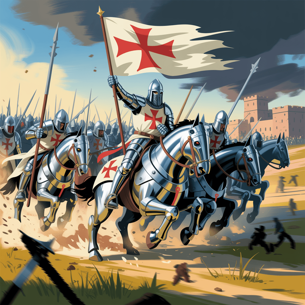 AI generated: knights templar riding hard into battle, templar flag, 1150's, midievil, christian, illuminati, unre...