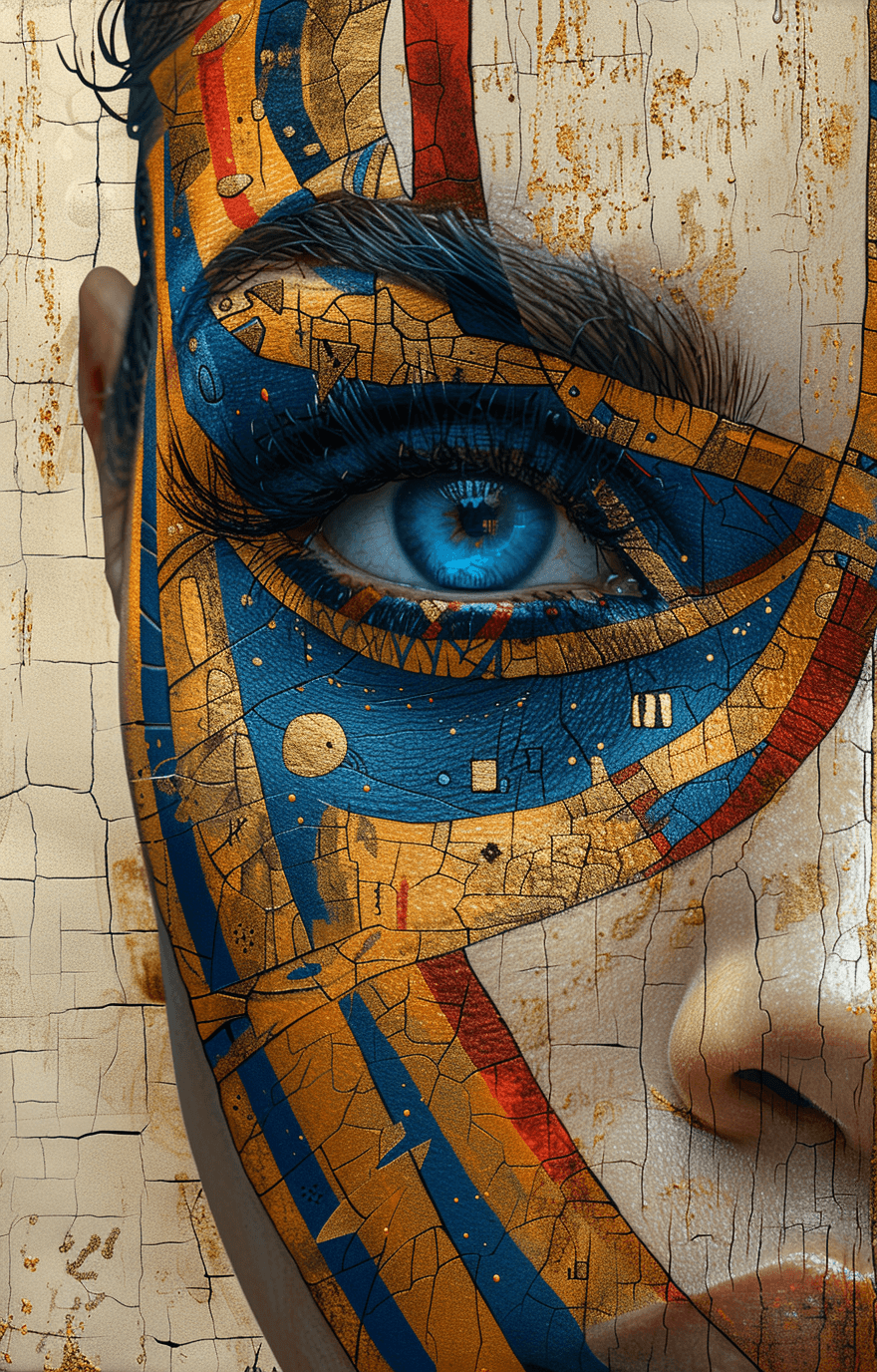 AI generated: Beautiful woman with big blue eyes and long eyelashes, wearing colorful tribal face paint in the sty...