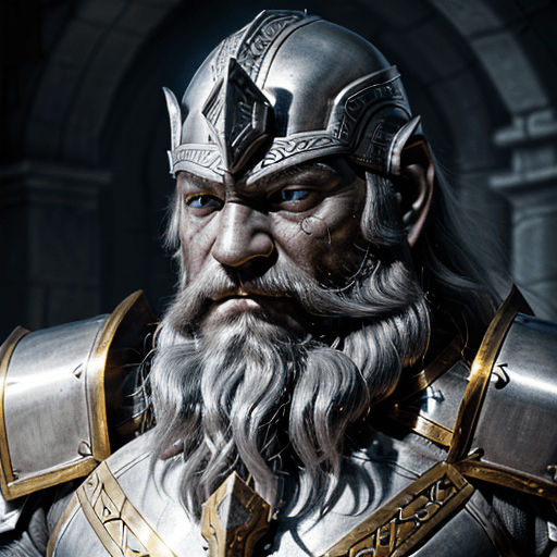 AI generated: High resolution photo portrait, grey skin dark dwarf fighter, shiny silver heavy armor!!, large batt...