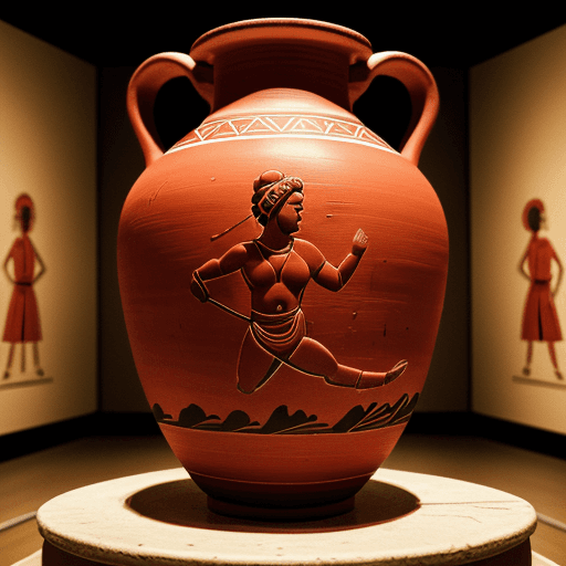AI generated: a 4k photo of a classical greek vase in the "red-figure pottery" style sitting in a museum depicting...