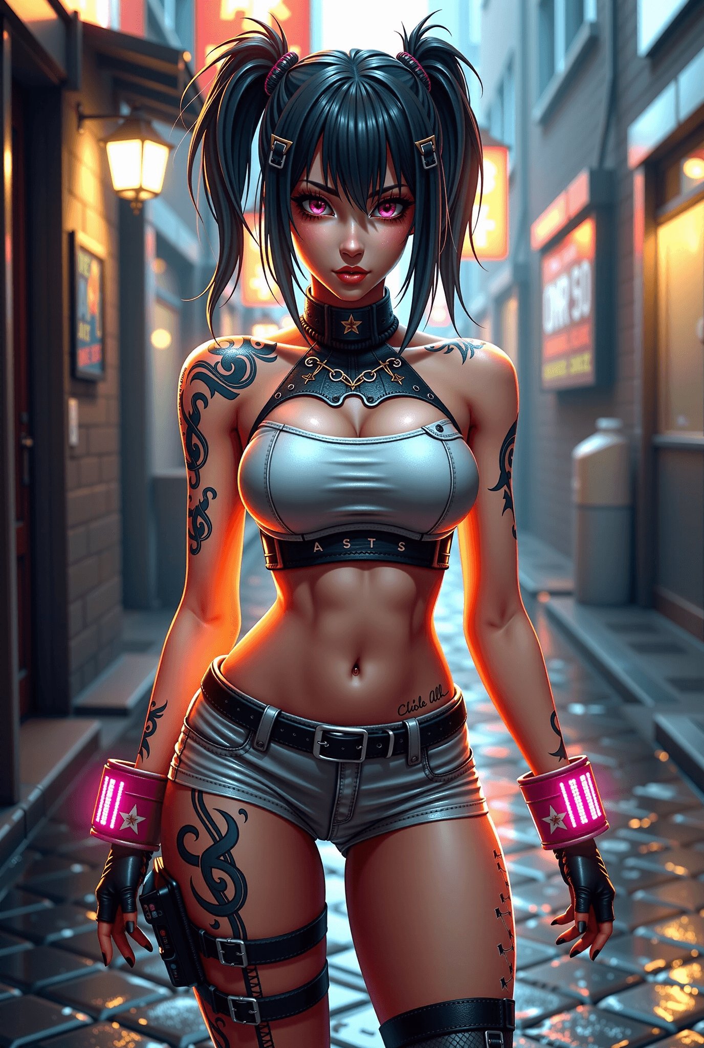AI generated: "A cyberpunk heroine in a tight combat suit with glowing tattoos, standing in a rainy alley, dramati...