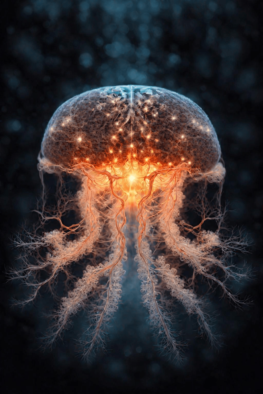 AI generated: Raw, masterpiece, perfectly centered, symmetrical, under water photo of a glowing jellyfish, corals,...