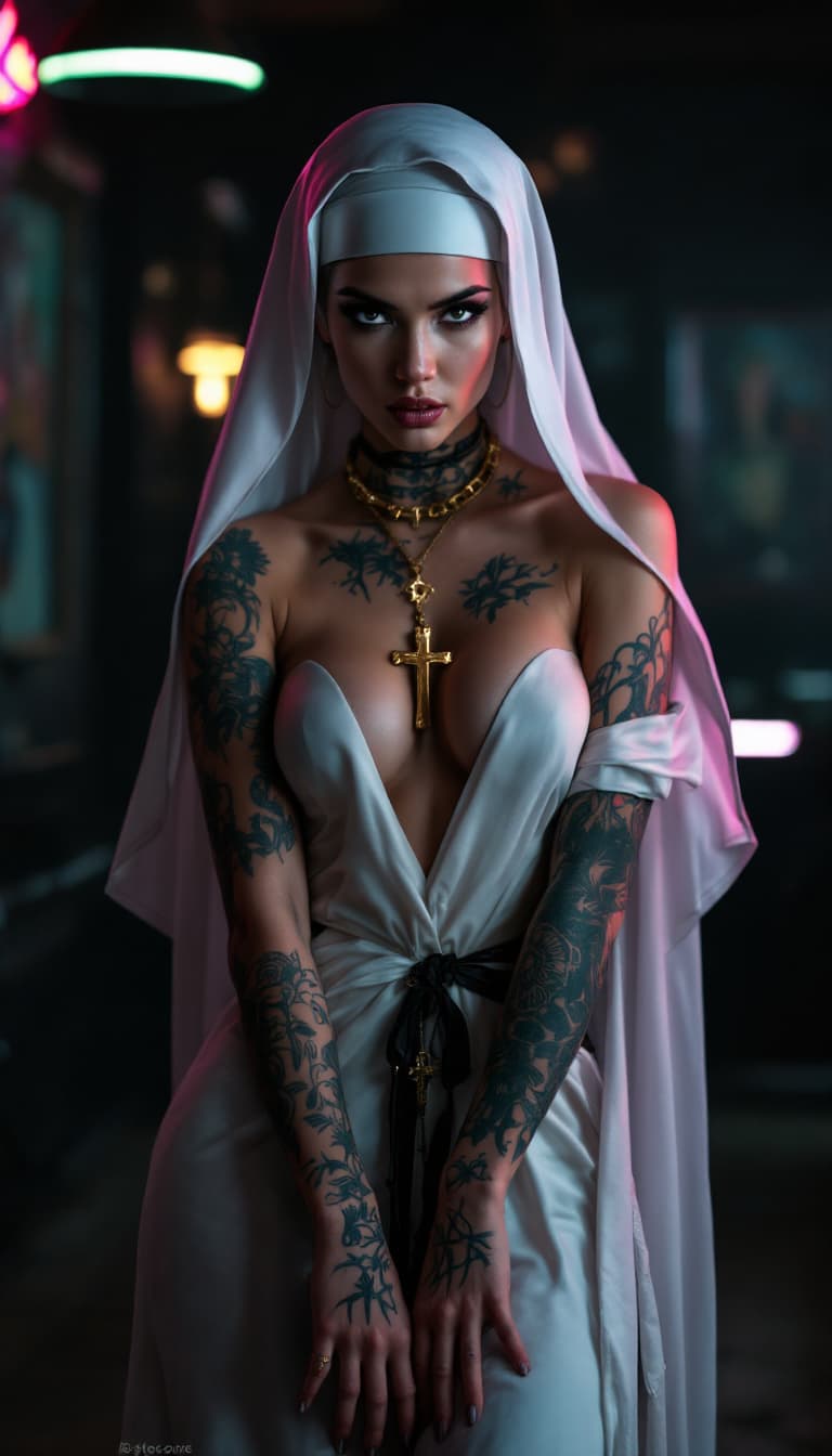 AI generated: Full body view of a young beautiful tattooed nun with a modern twist. She wears traditional nun atti...