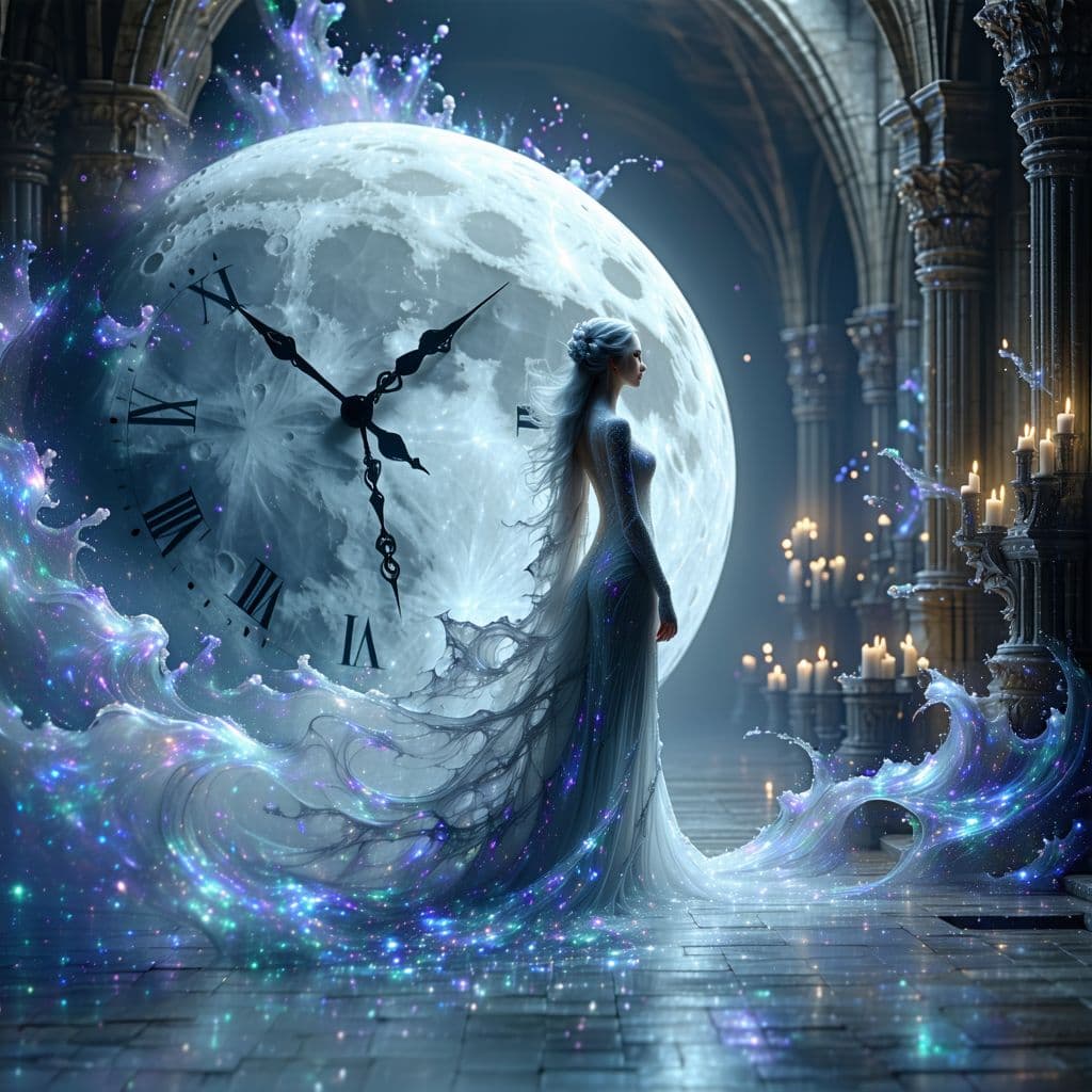 AI generated: An ethereal time warden, with silver hair that flows like liquid moonlight and skin that seems to sh...