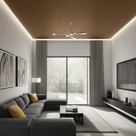 AI generated: modern living room,4k quality,archviz render,l shaped sofa, 2 couches,a modern dor on the left of th...