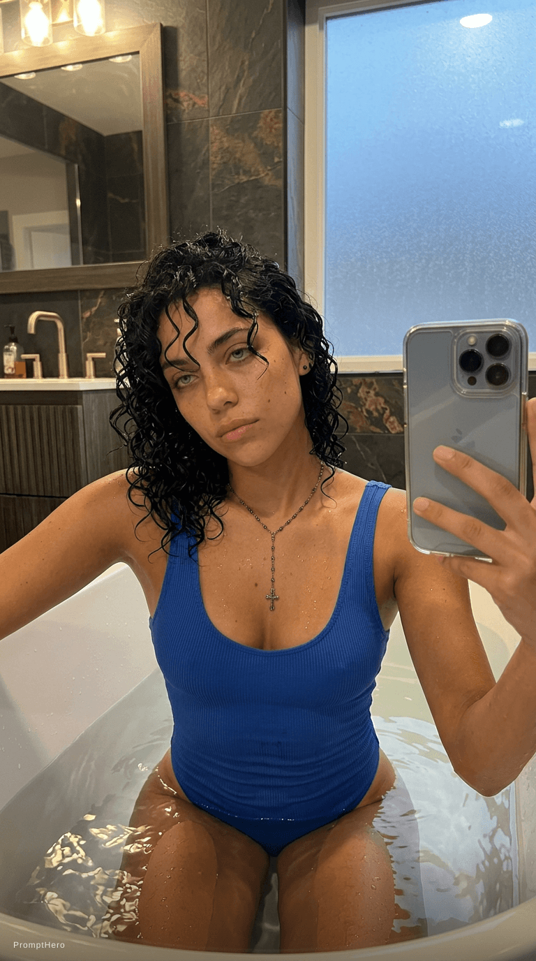 AI generated: Ultra realistic iPhone 14 selfie photo of a young Latina goth girl sitting in a real modern bathtub,...