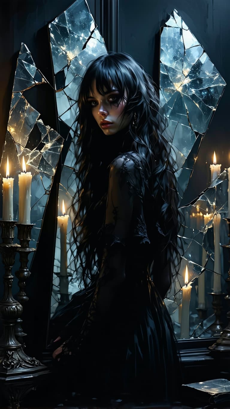 AI generated: A solitary female goth figure with long black wavy hair and bangs in a dark, candlelit room, surroun...