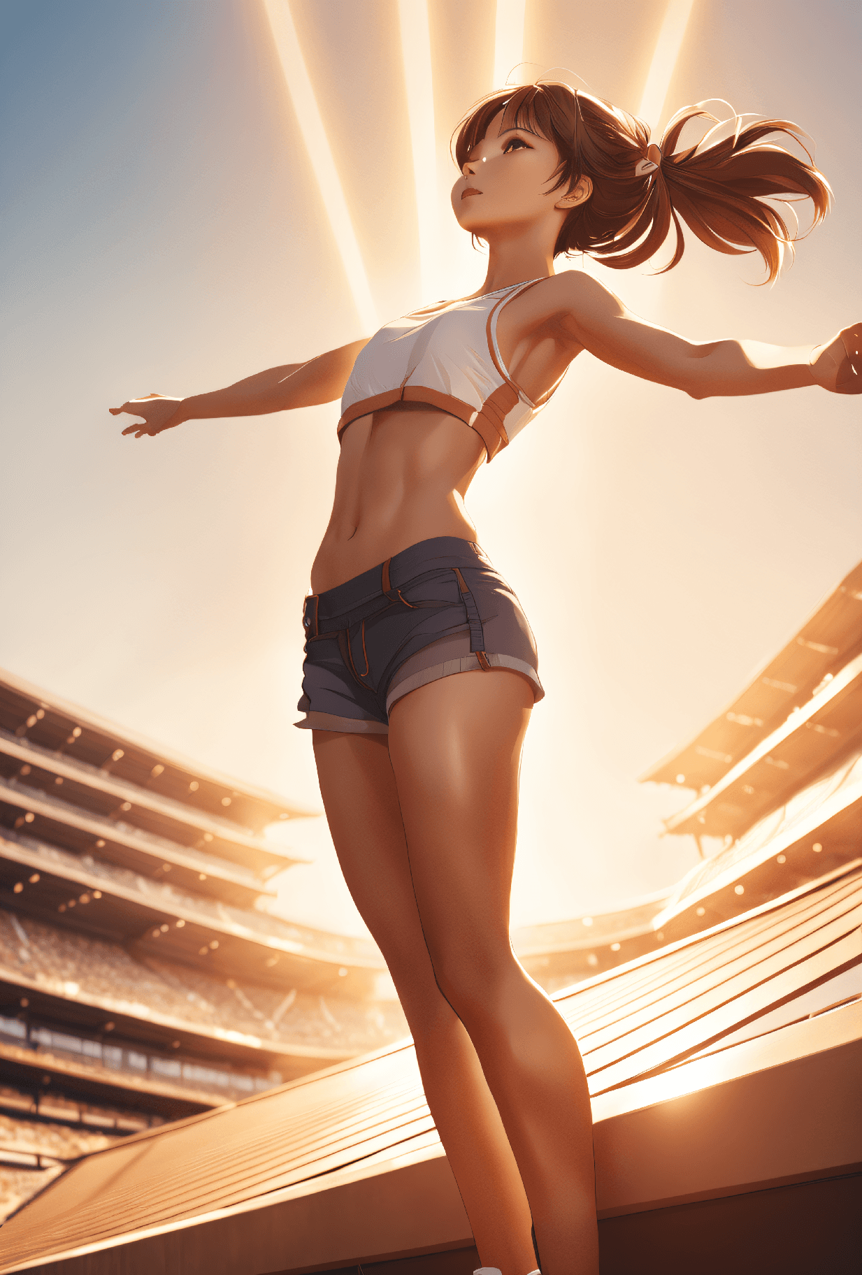 AI generated: anime artwork sports photography, high angle, masterpiece photo of a young woman, Skinny and athleti...